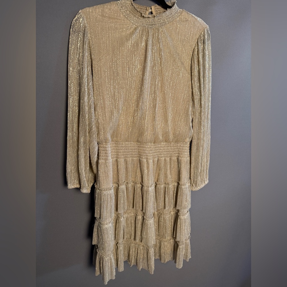 Shimmery Gold Long-Sleeve Tiered Evening Dress